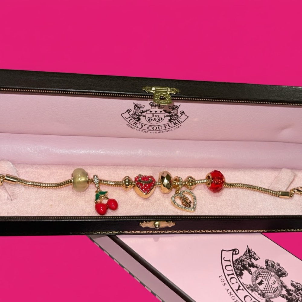 Juicy Couture Gold Bracelet with Heart and Cherry Charms